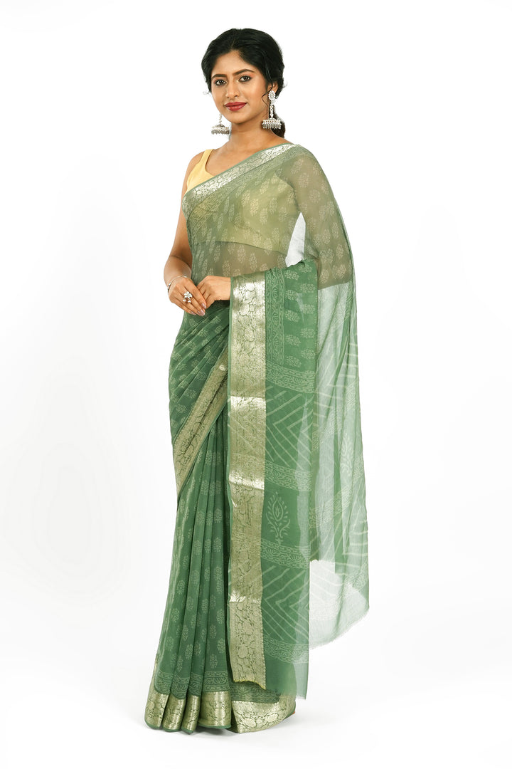 Olive Oasis Block Print Chiffon Saree