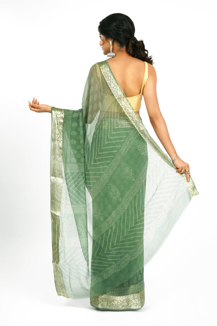 Olive Oasis Block Print Chiffon Saree