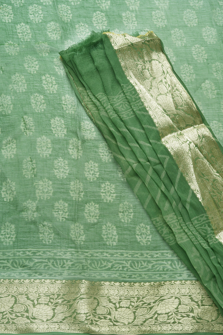 Olive Oasis Block Print Chiffon Saree