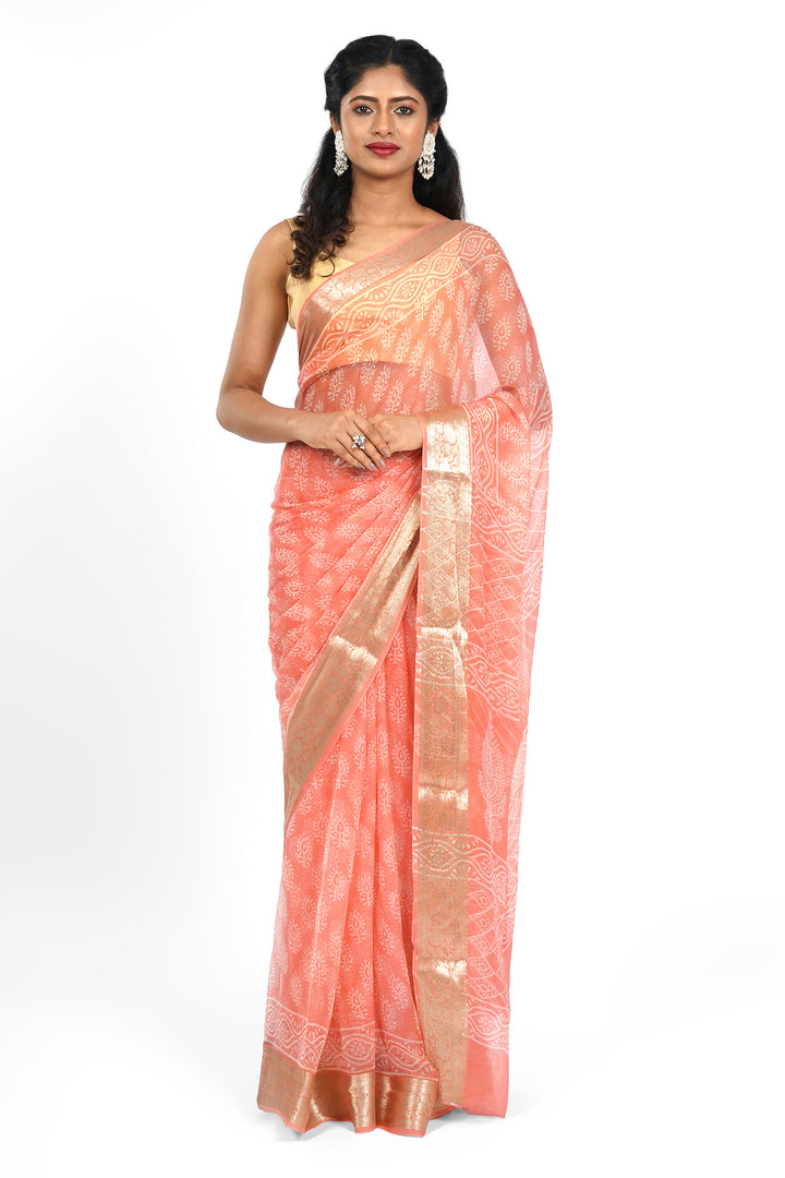 Peach Blossom Block Print Chiffon Saree