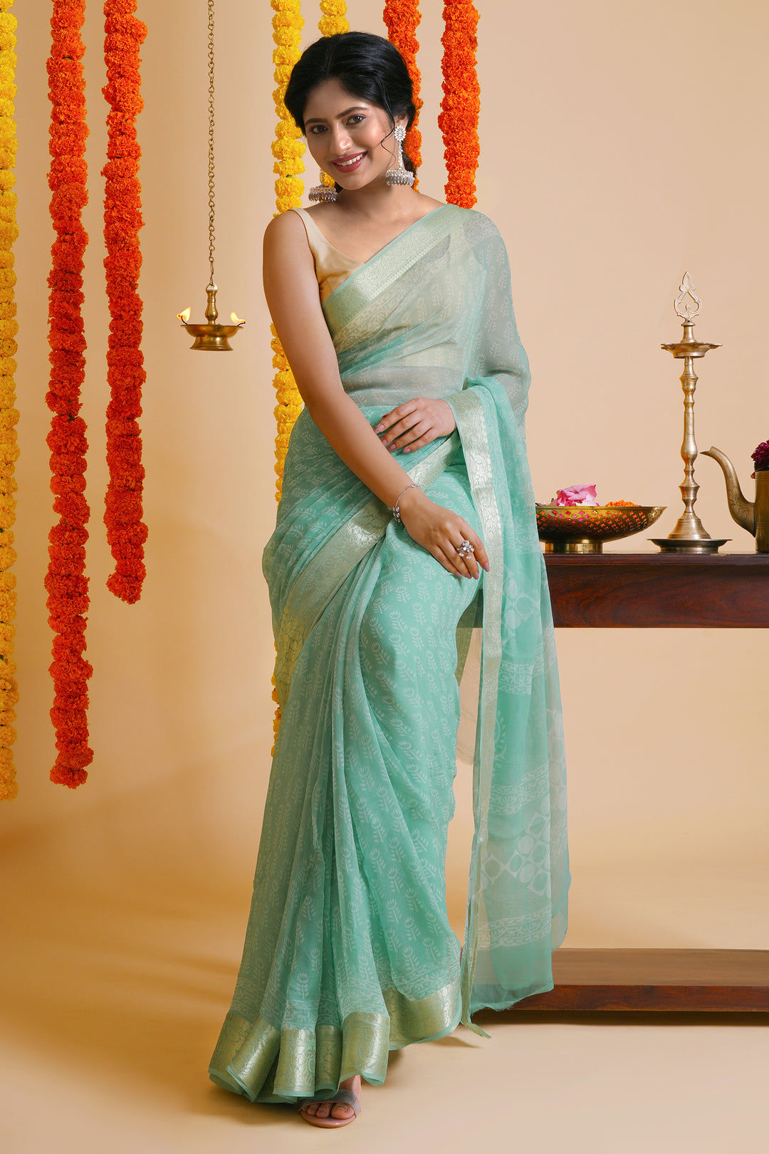 Tranquil Turquiose Block Print Chiffon Saree