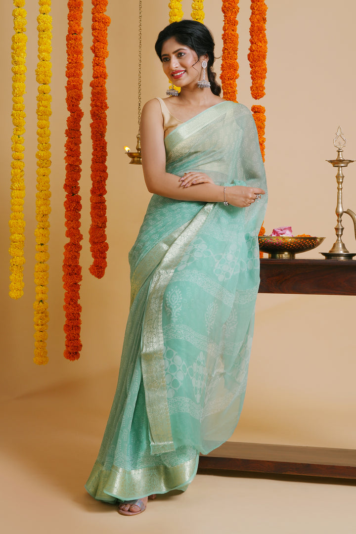 Tranquil Turquiose Block Print Chiffon Saree