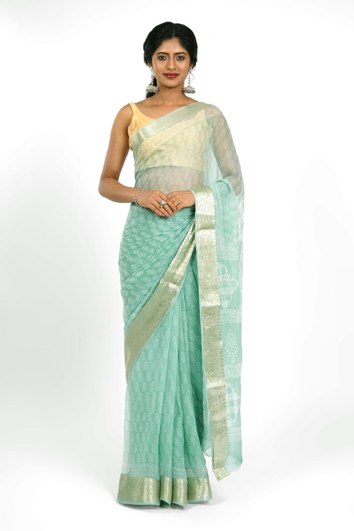 Tranquil Turquiose Block Print Chiffon Saree