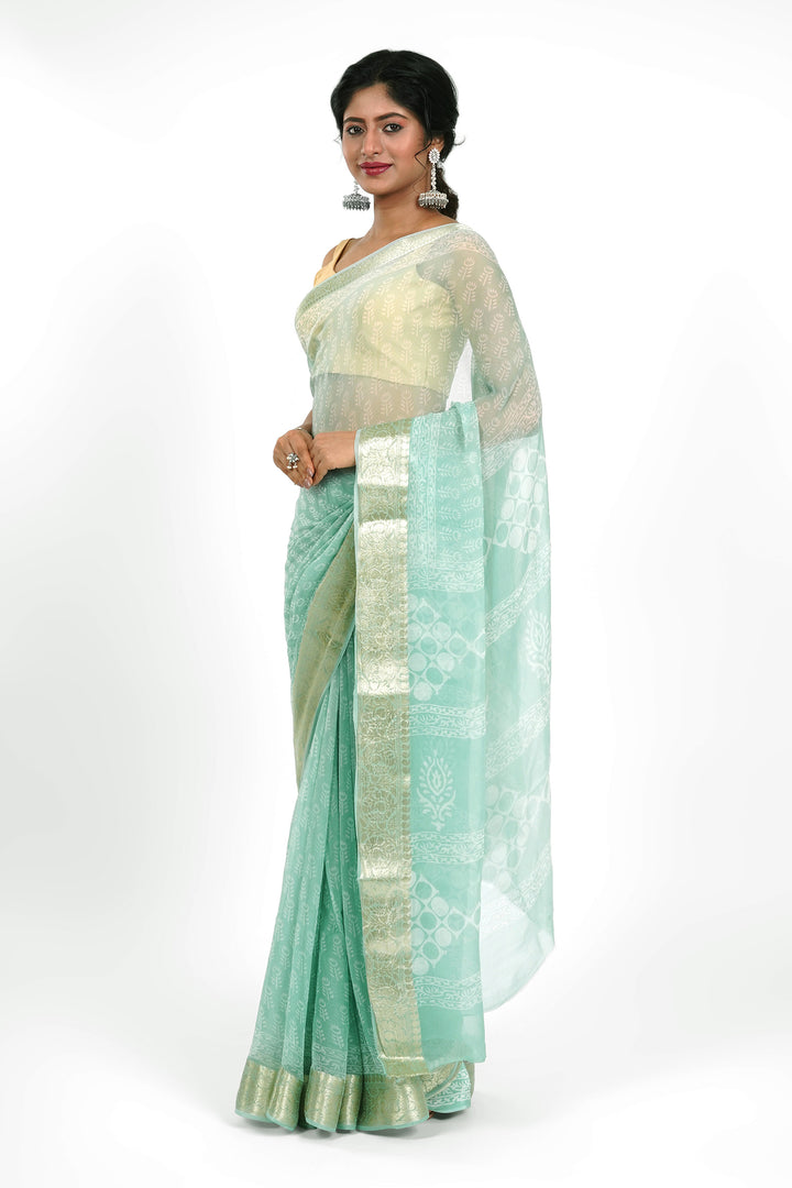 Tranquil Turquiose Block Print Chiffon Saree