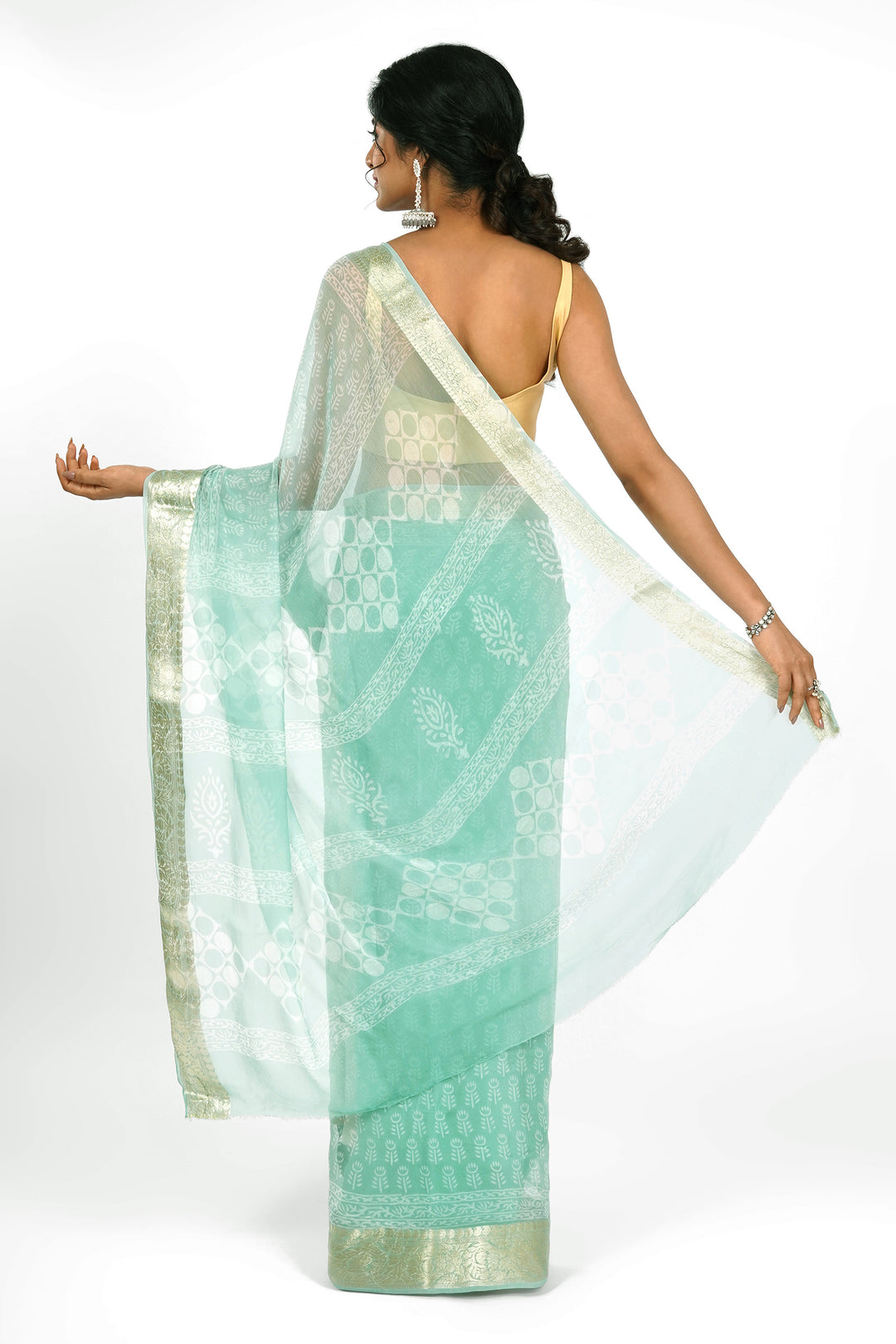 Tranquil Turquiose Block Print Chiffon Saree