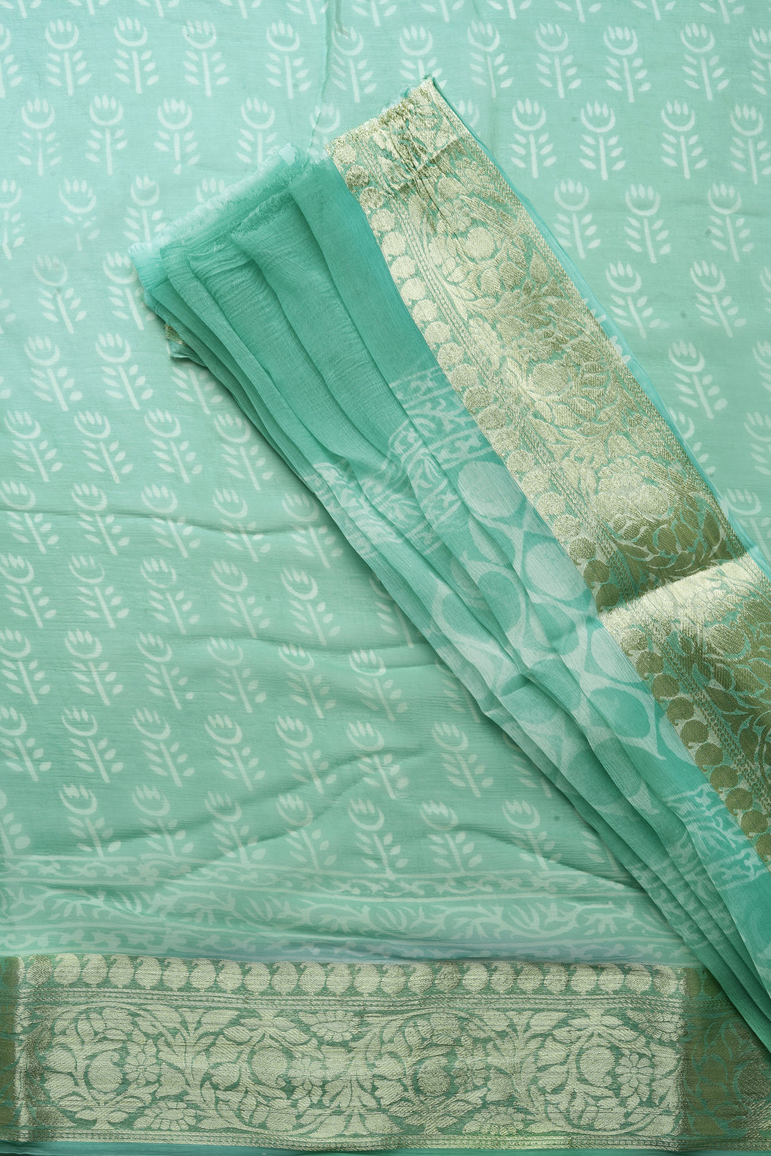 Tranquil Turquiose Block Print Chiffon Saree