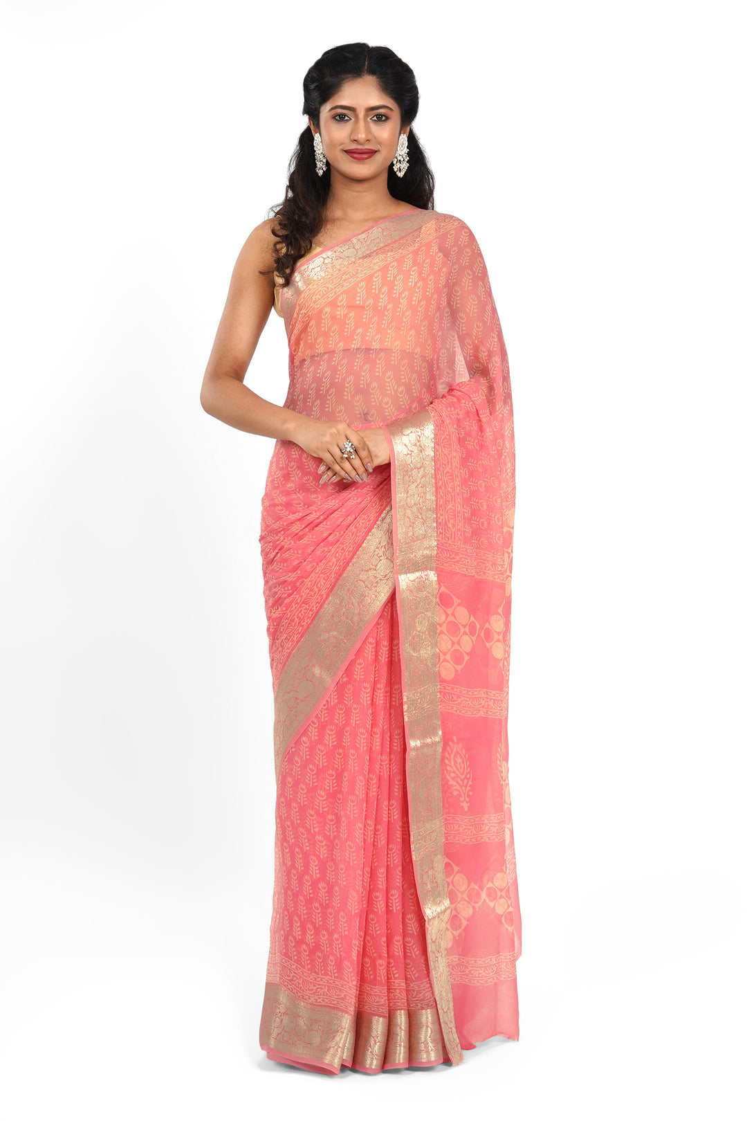 Blush Pink Block Print Chiffon Saree