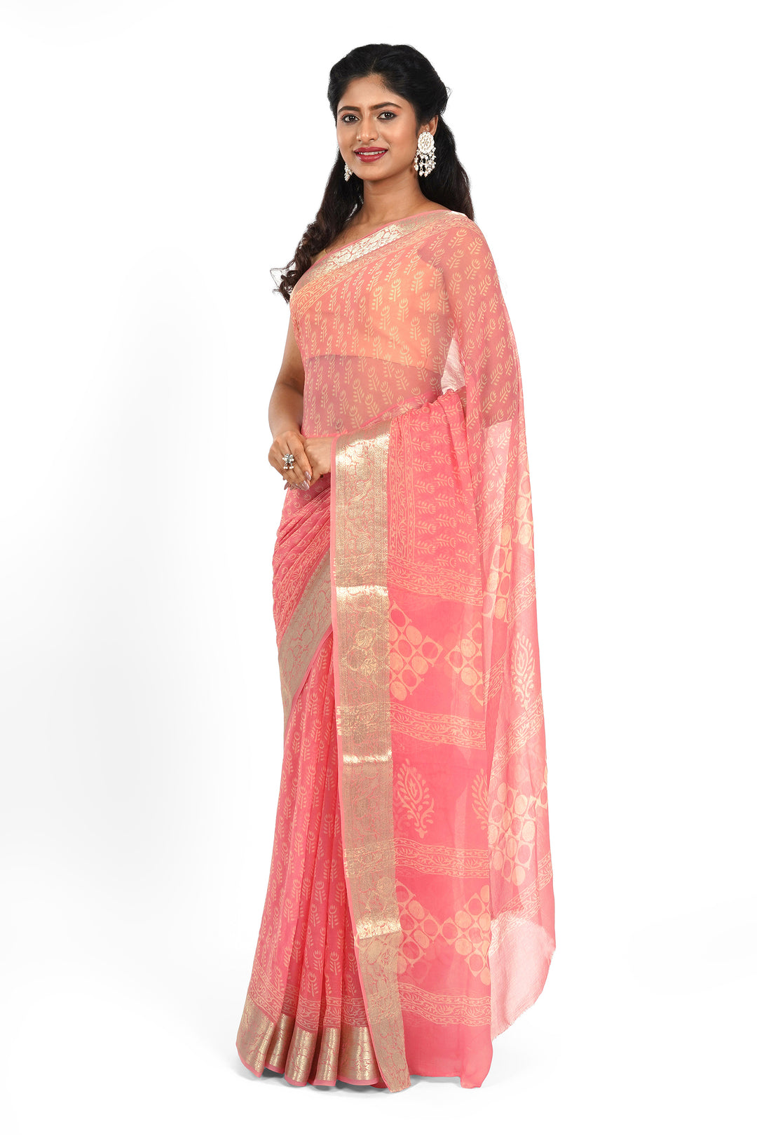 Blush Pink Block Print Chiffon Saree
