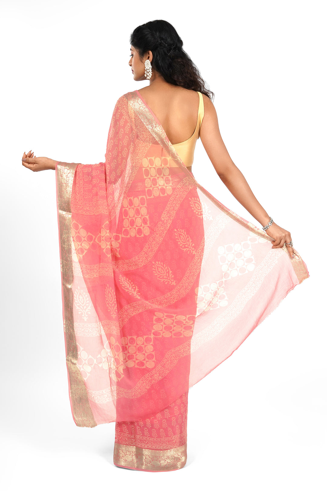 Blush Pink Block Print Chiffon Saree