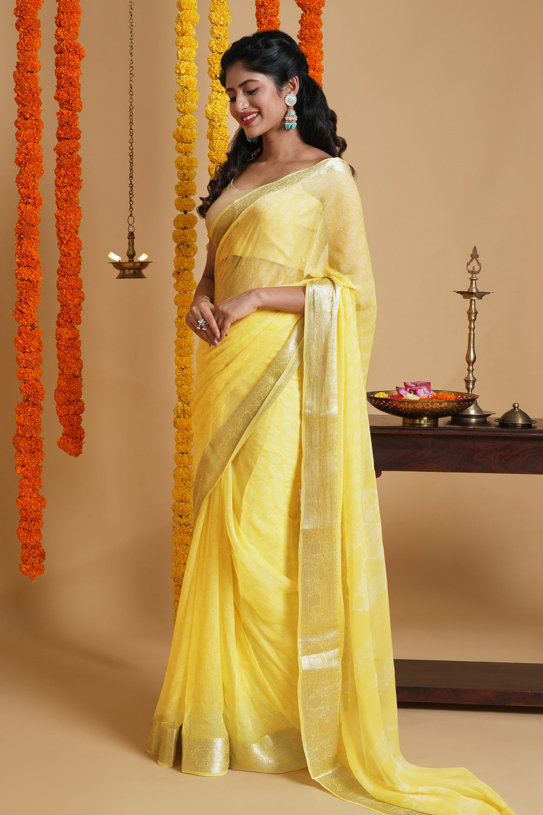 Mellow Yellow Block Print Chiffon Saree