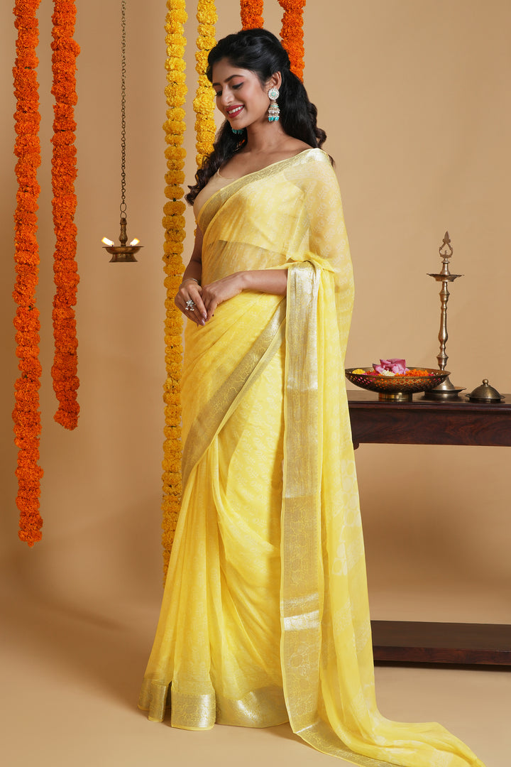 Mellow Yellow Block Print Chiffon Saree