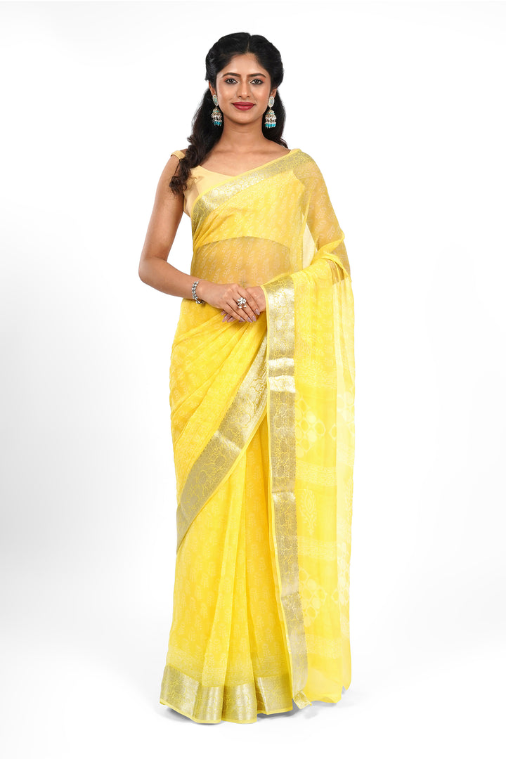 Mellow Yellow Block Print Chiffon Saree