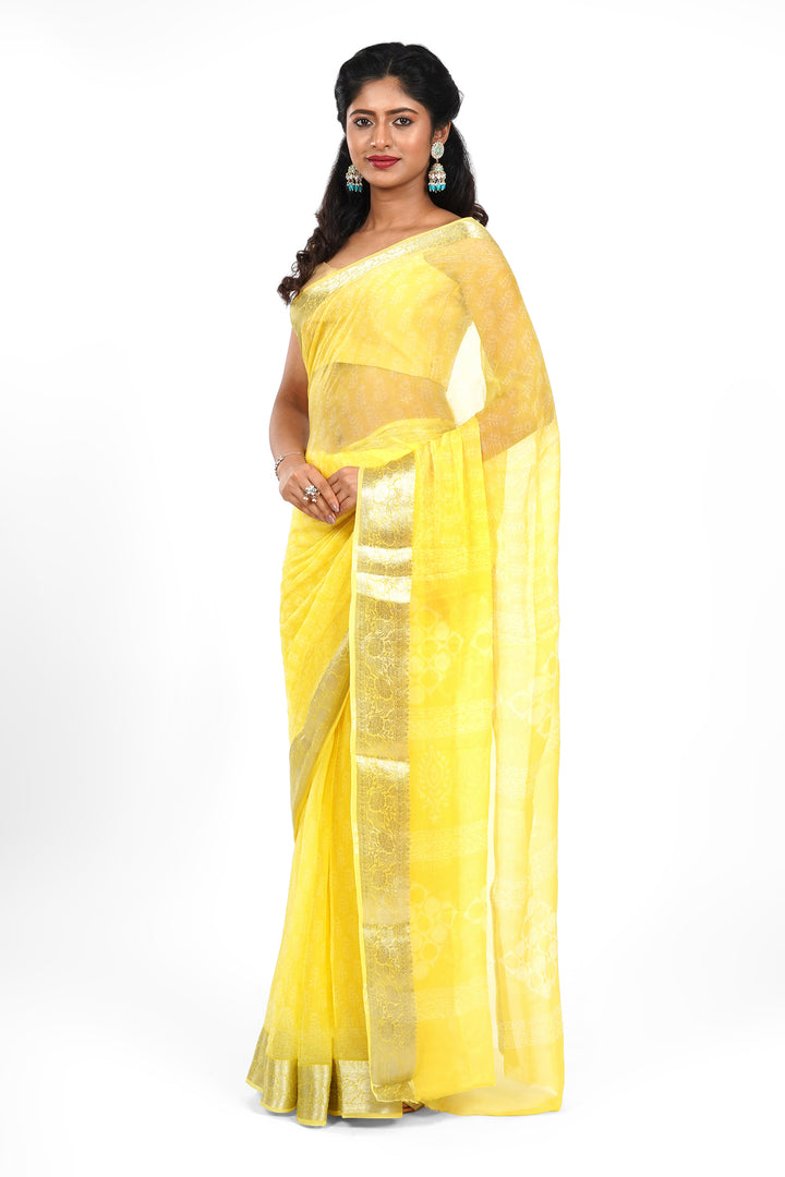 Mellow Yellow Block Print Chiffon Saree