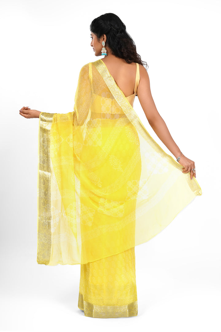 Mellow Yellow Block Print Chiffon Saree