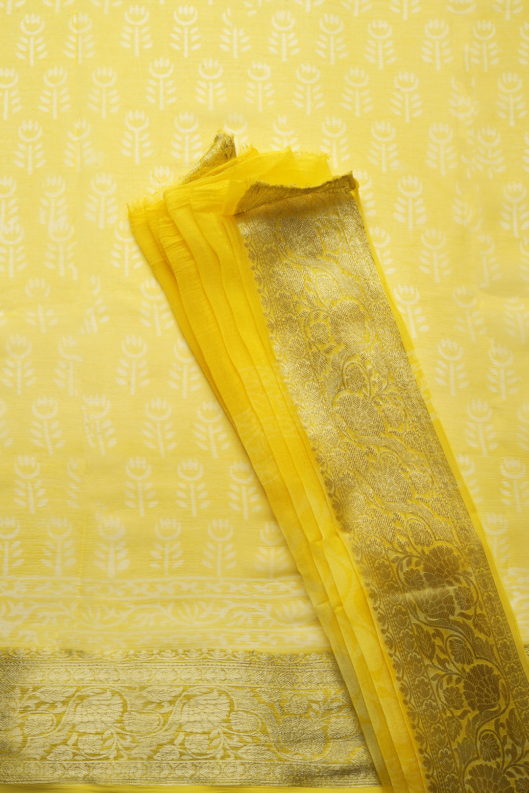 Mellow Yellow Block Print Chiffon Saree