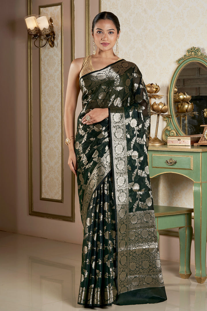 Teejh Panchganga Bottle Green Banarasi Semi Georgette Silk Saree