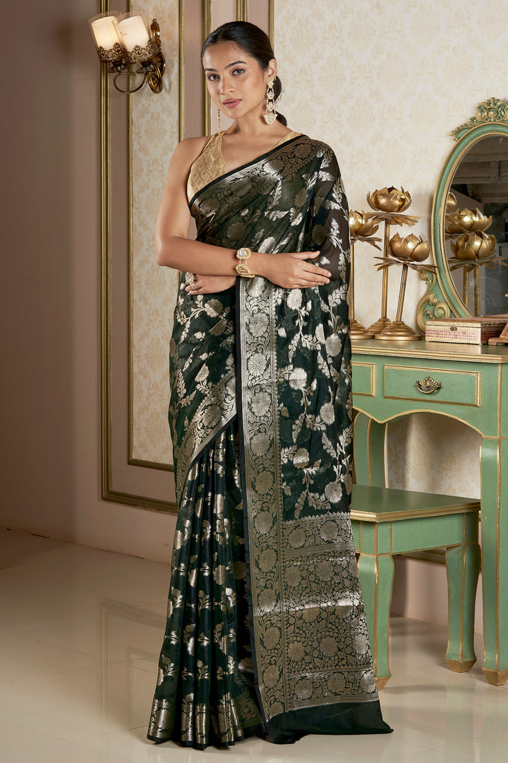 Teejh Panchganga Bottle Green Banarasi Semi Georgette Silk Saree