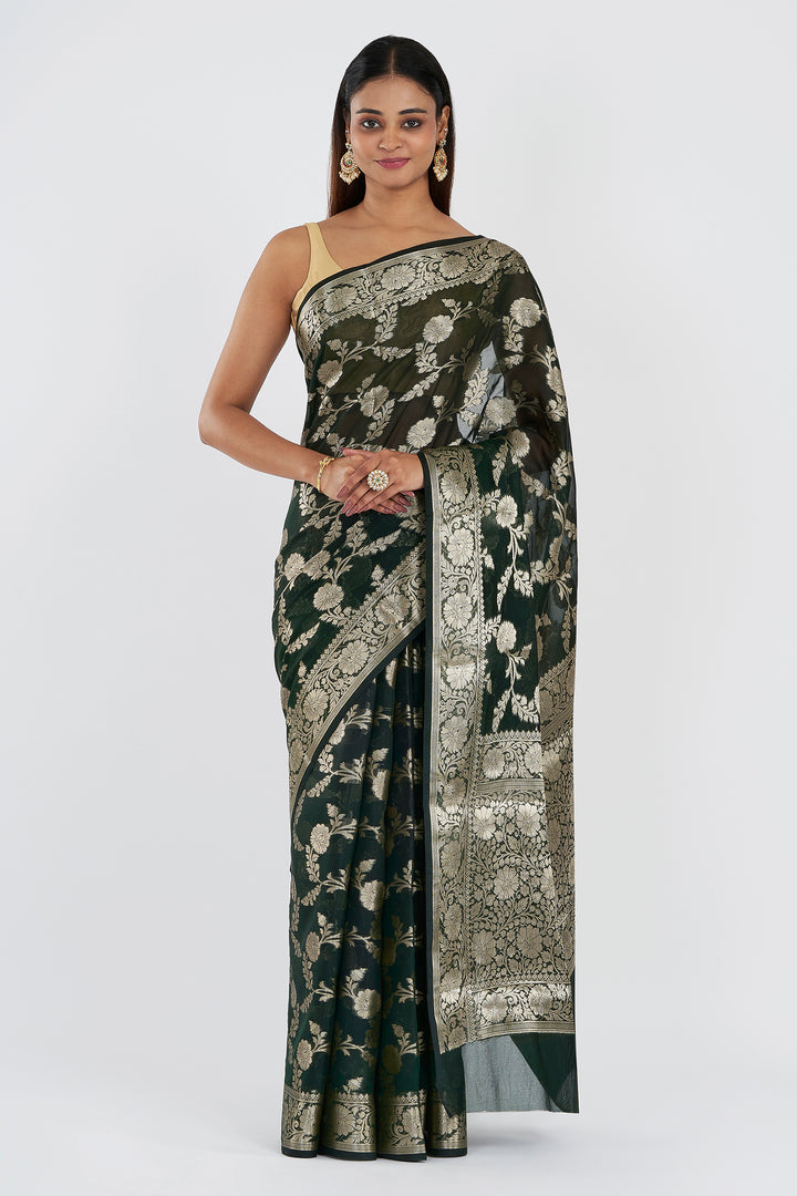Teejh Panchganga Bottle Green Banarasi Semi Georgette Silk Saree