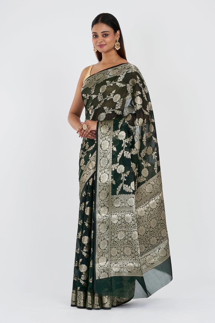 Teejh Panchganga Bottle Green Banarasi Semi Georgette Silk Saree