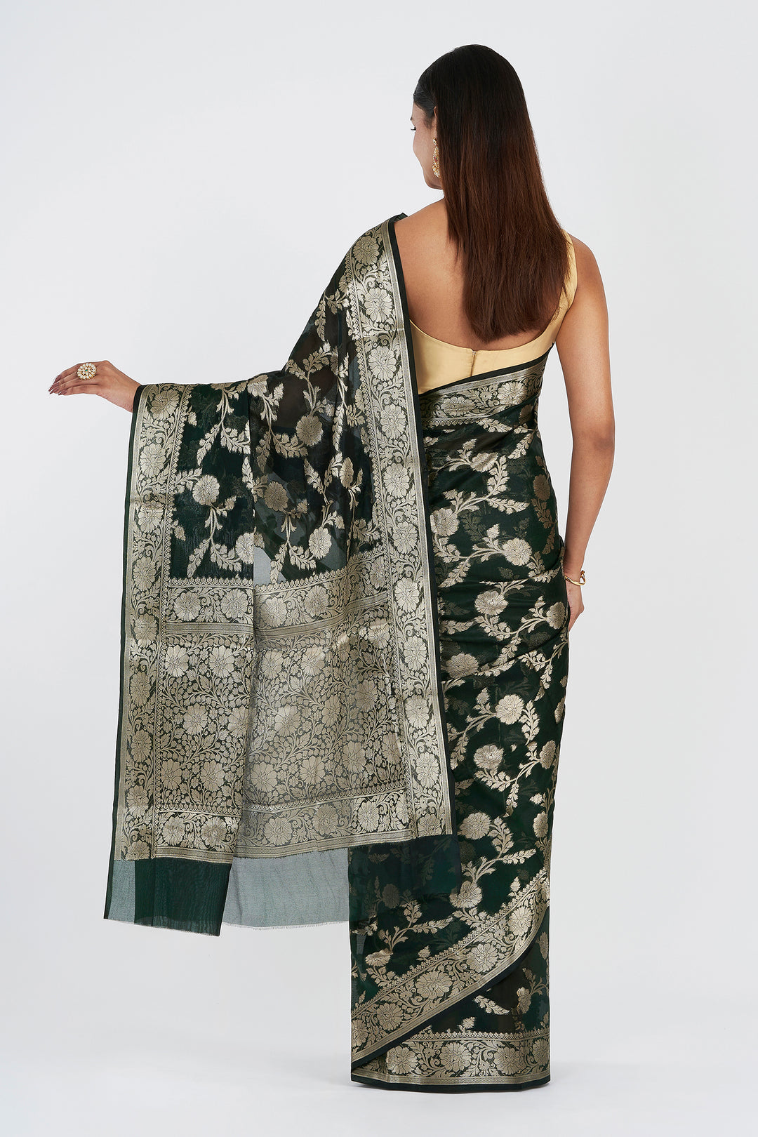 Teejh Panchganga Bottle Green Banarasi Semi Georgette Silk Saree