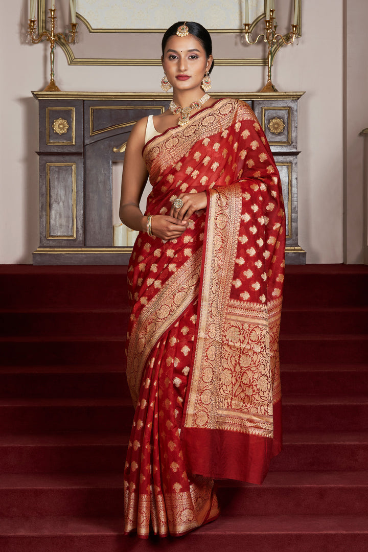 Teejh Dwara Red Banarasi Chiffon Silk Saree