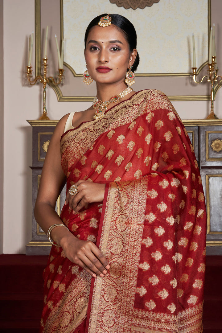 Teejh Dwara Red Banarasi Chiffon Silk Saree