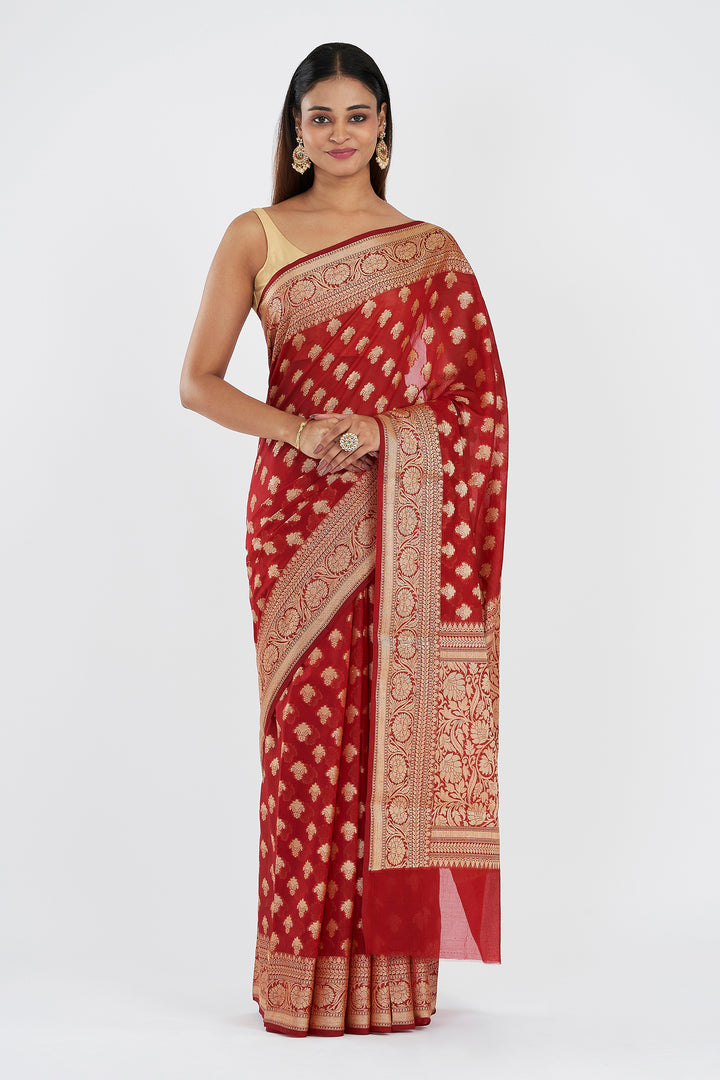 Teejh Dwara Red Banarasi Chiffon Silk Saree