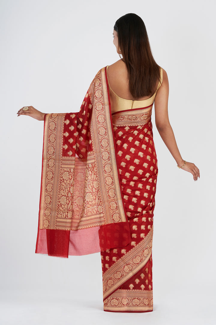 Teejh Dwara Red Banarasi Chiffon Silk Saree