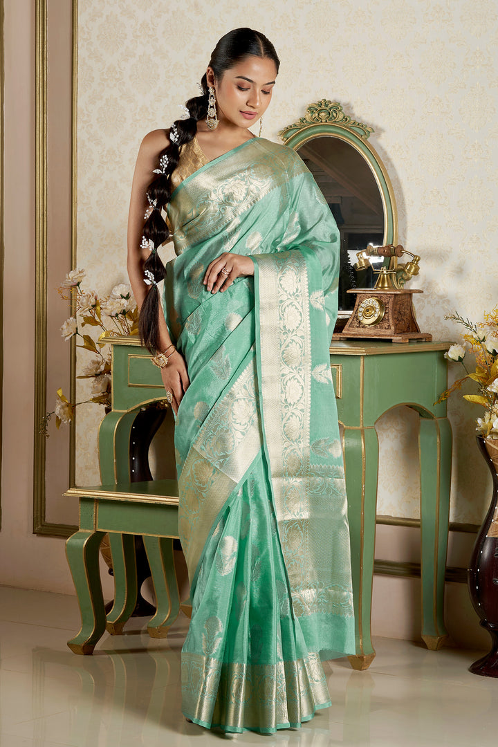 Teejh Sivala Sea Green Banarasi Semi Chiffon Warm Silk Saree