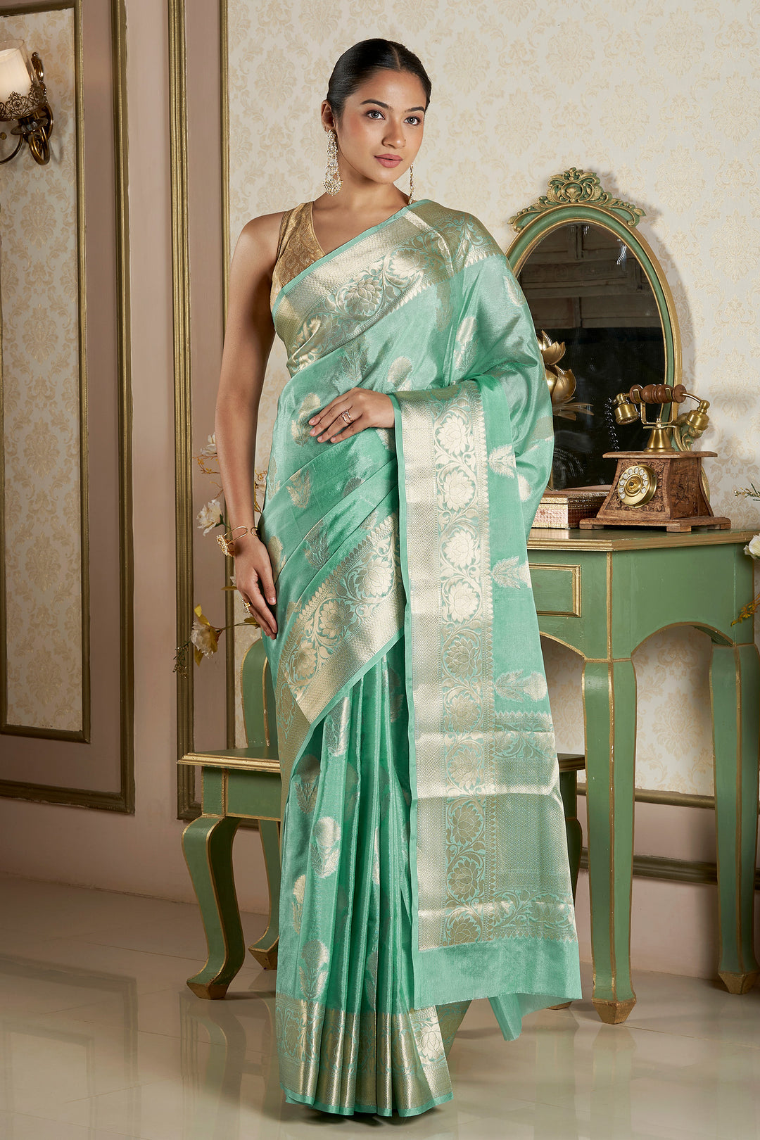 Teejh Sivala Sea Green Banarasi Semi Chiffon Warm Silk Saree