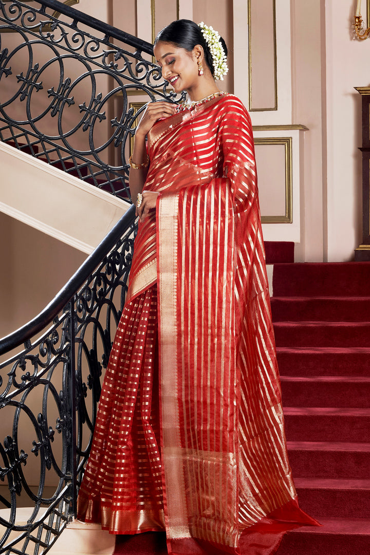 Teejh Kashi Bright Red Organza Lining Saree