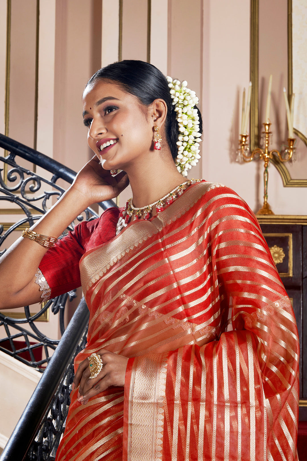 Teejh Kashi Bright Red Organza Lining Saree