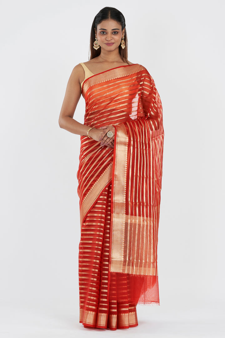 Teejh Kashi Bright Red Organza Lining Saree
