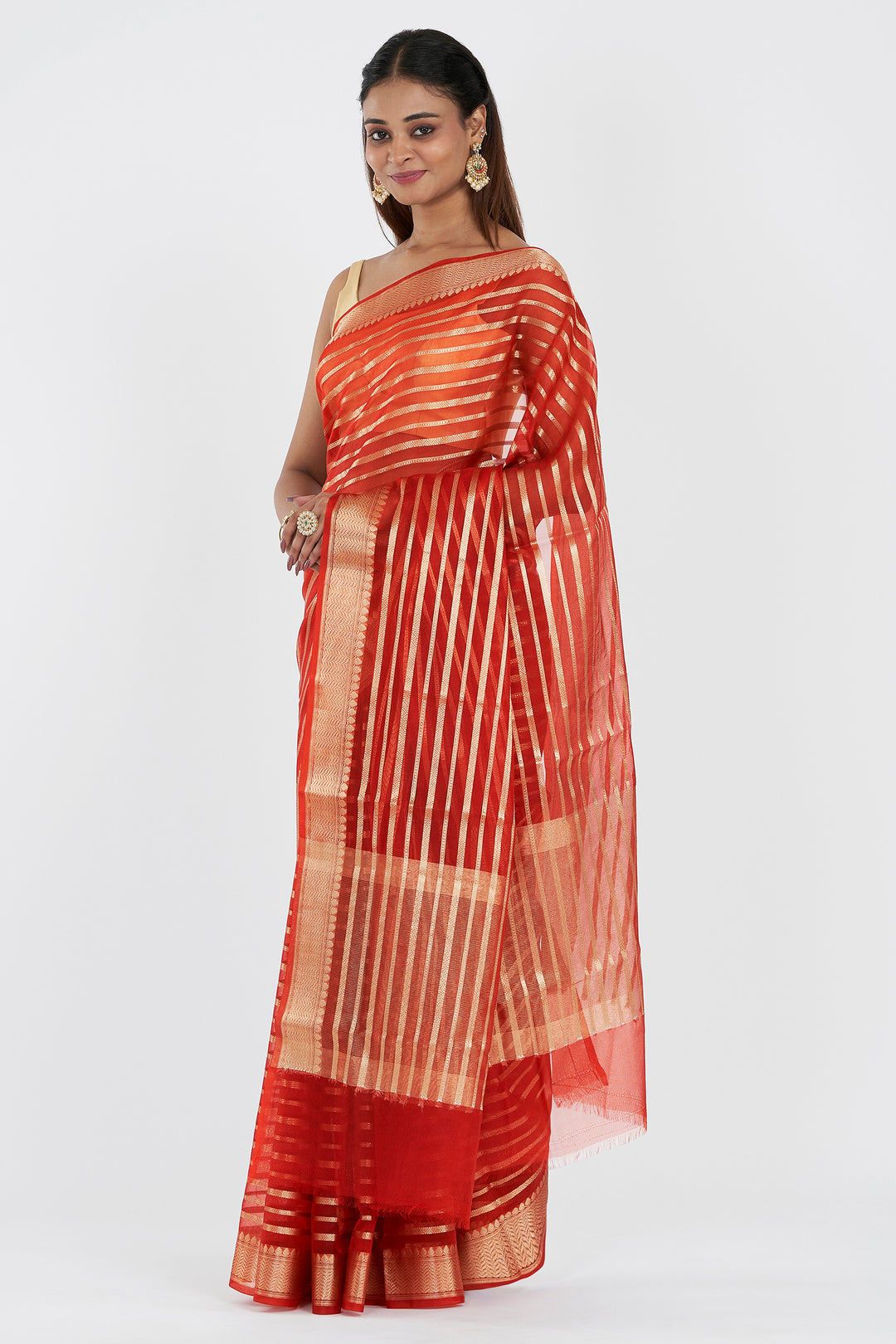 Teejh Kashi Bright Red Organza Lining Saree