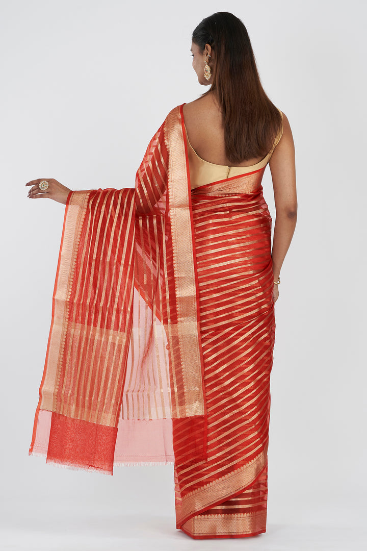 Teejh Kashi Bright Red Organza Lining Saree