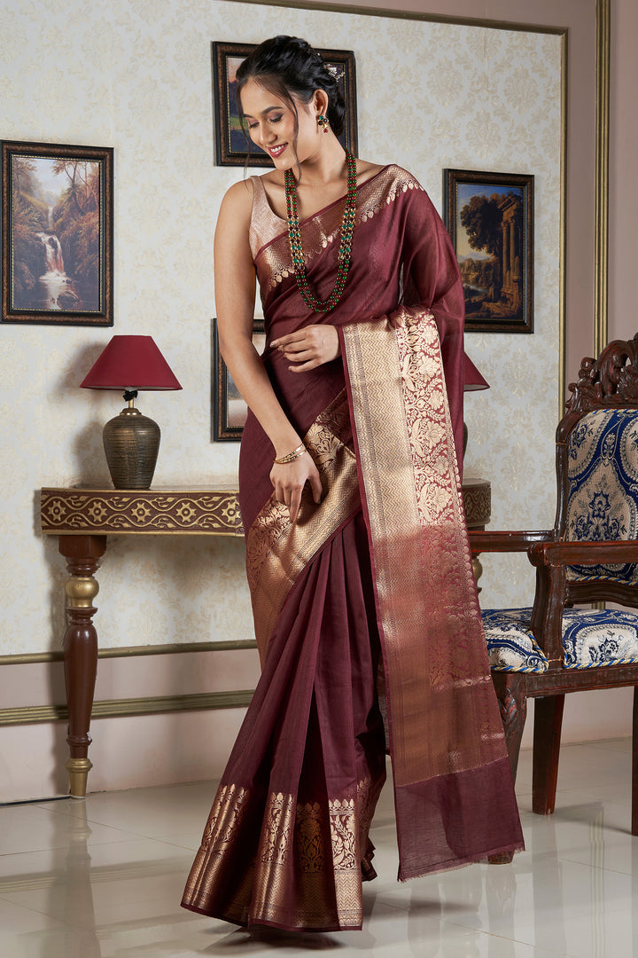 Teejh Darbhanga Maroon Banarasi Silk Linen Saree