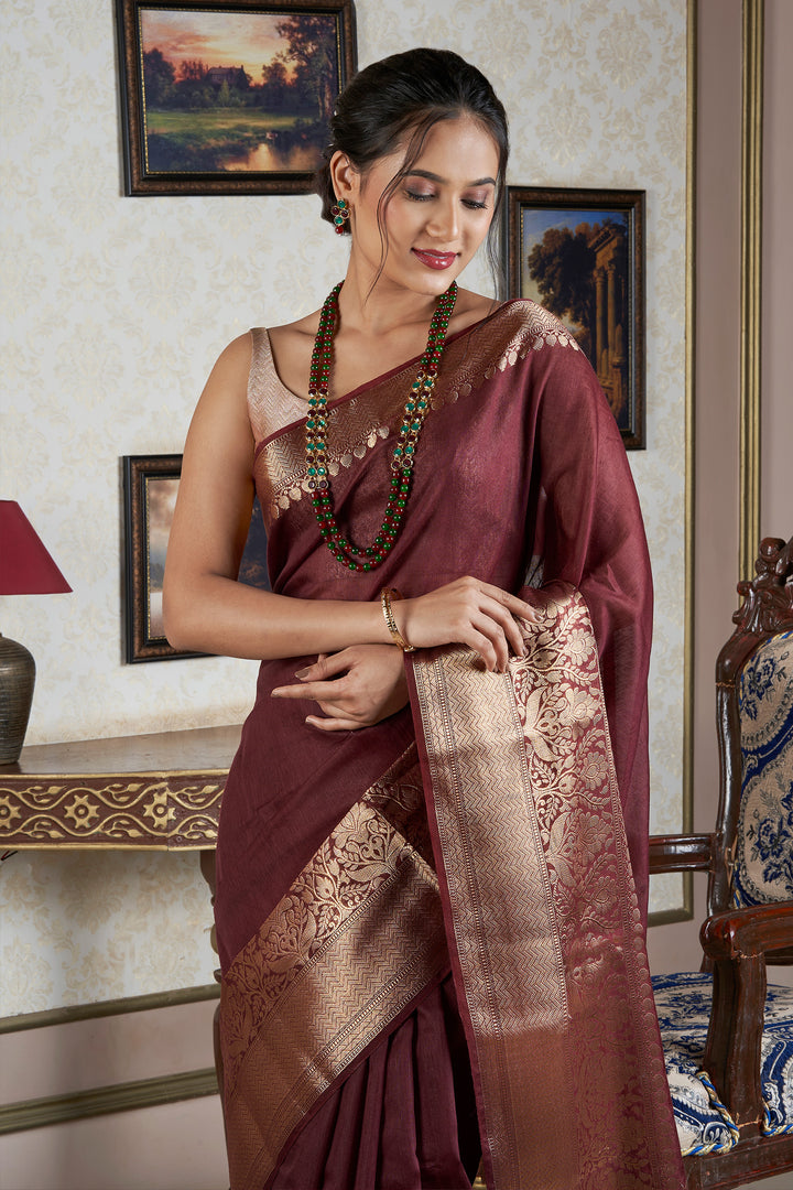 Teejh Darbhanga Maroon Banarasi Silk Linen Saree