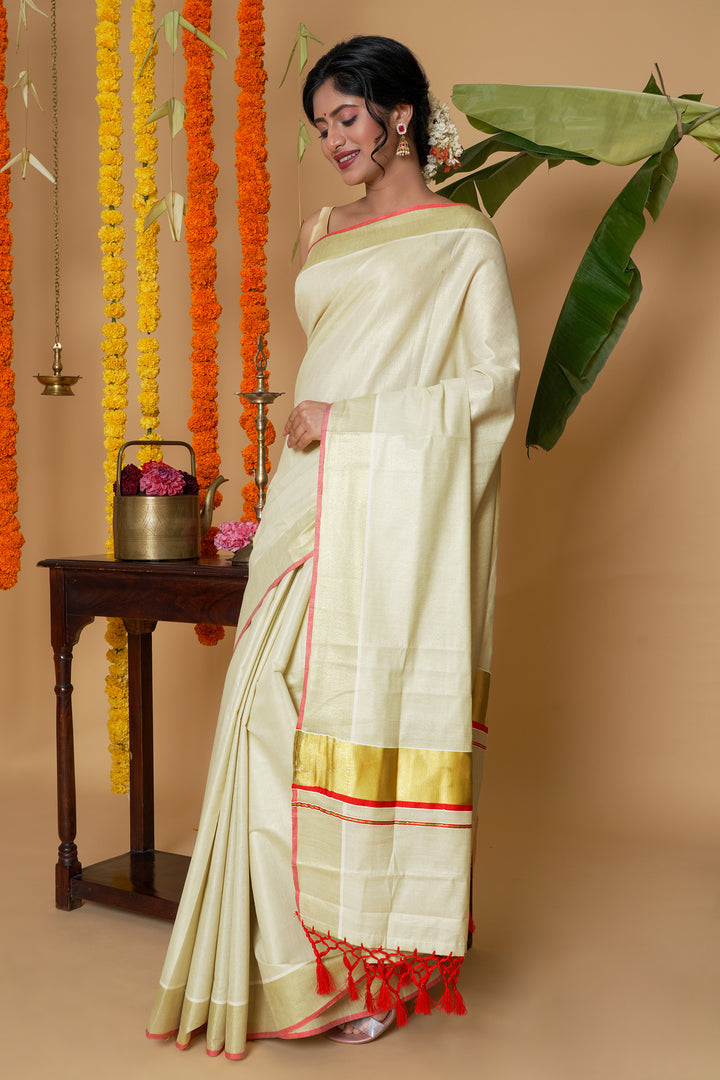 Teejh Kabani Kerala Tissue Red Saree
