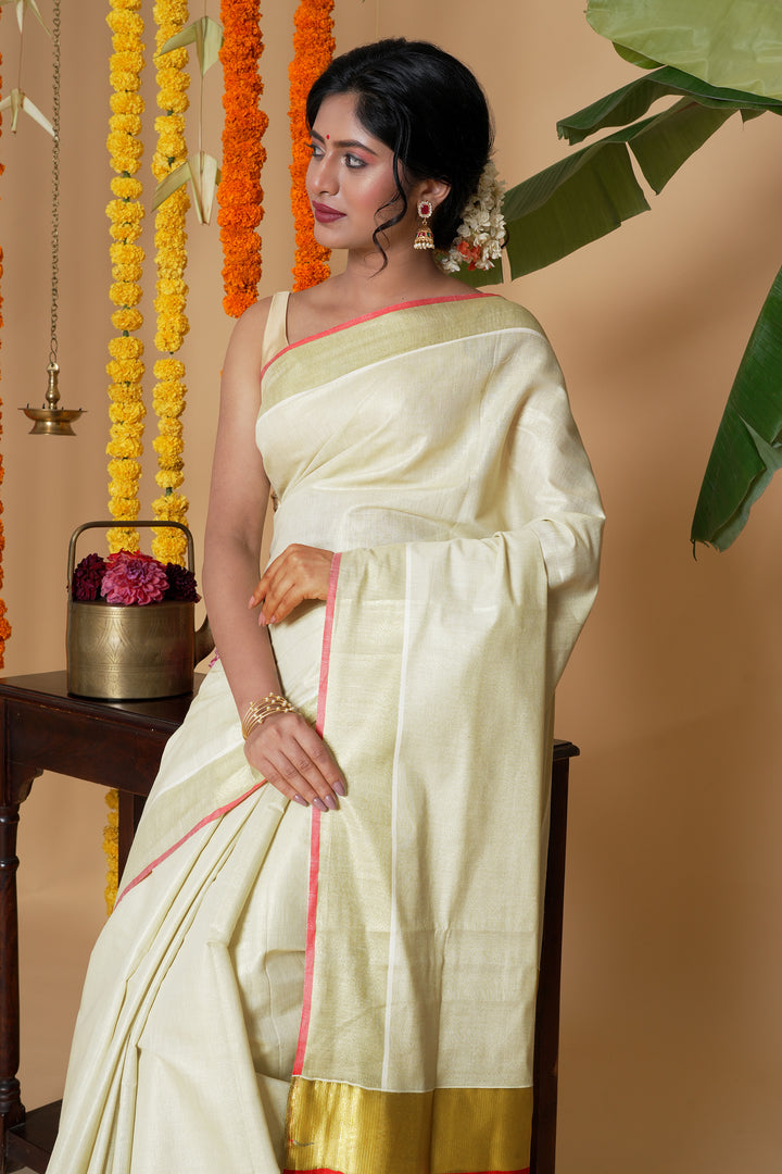 Teejh Kabani Kerala Tissue Red Saree