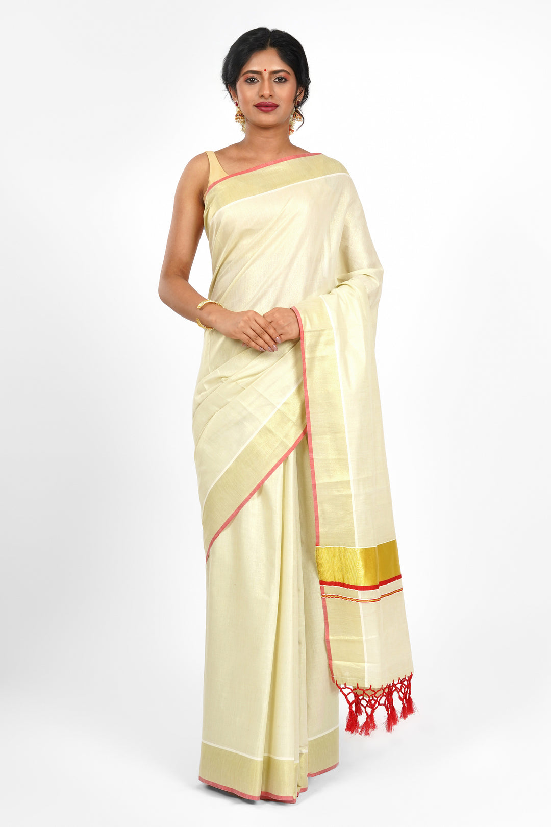 Teejh Kabani Kerala Tissue Red Saree