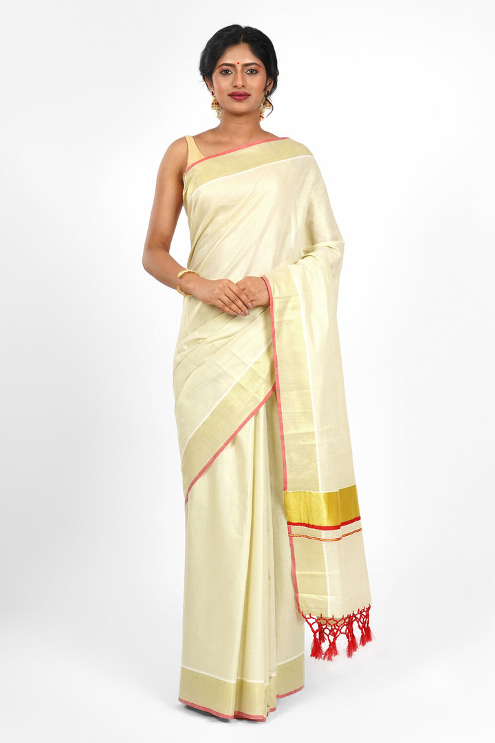 Teejh Kabani Kerala Tissue Red Saree