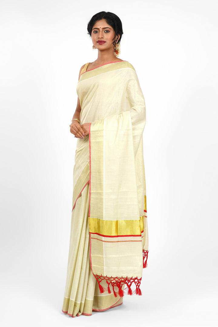 Teejh Kabani Kerala Tissue Red Saree