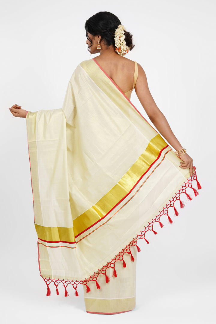 Teejh Kabani Kerala Tissue Red Saree