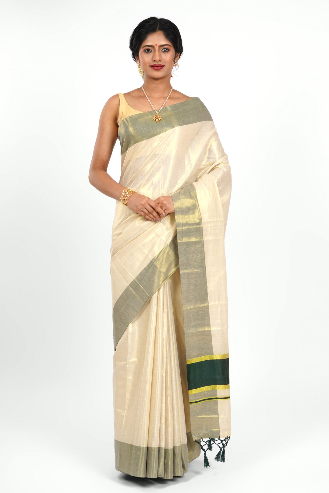 Teejh Pookode Kerala Tissue Dark green Saree