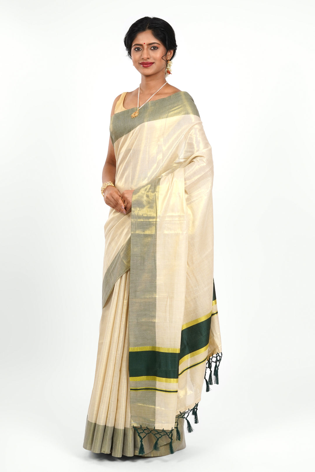 Teejh Pookode Kerala Tissue Dark green Saree