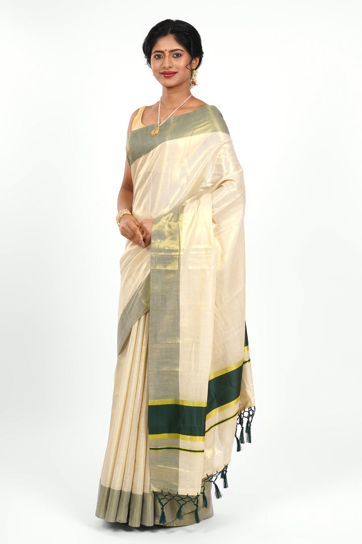Teejh Pookode Kerala Tissue Dark green Saree