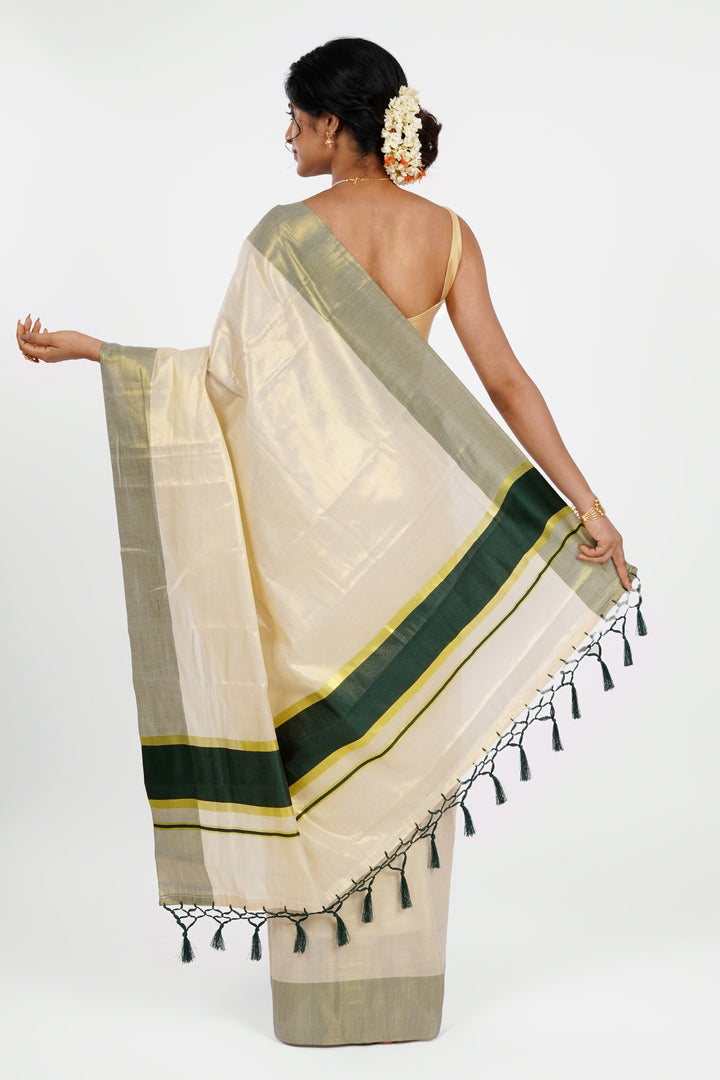 Teejh Pookode Kerala Tissue Dark green Saree