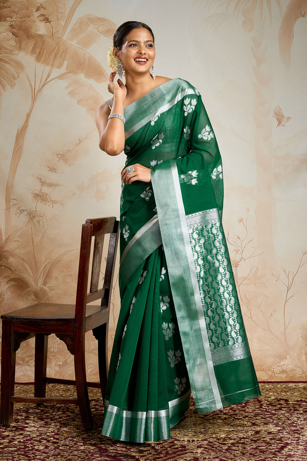 Teejh Chilika Silk Cotton Bottle Green saree