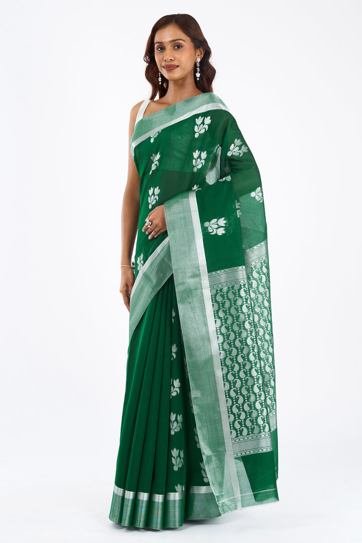 Teejh Chilika Silk Cotton Bottle Green saree