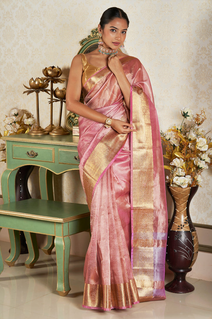 Teejh Riya light Pink Semi Crushed Tissue Silk Saree